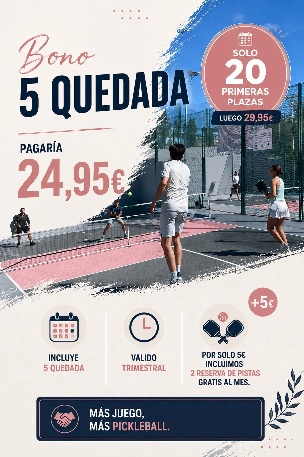 Bono 5 quedadas: 24,95 € para las 20 primeras plazas, luego 29,95 €. Incluye 5 quedadas, válido un trimestre. Por solo 5 € más, 2 reservas de pista gratis al mes.